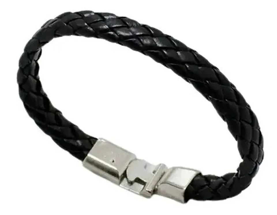 Pulsera Brazalete Manilla Cuero Trenzada Color Negro Hombre 1