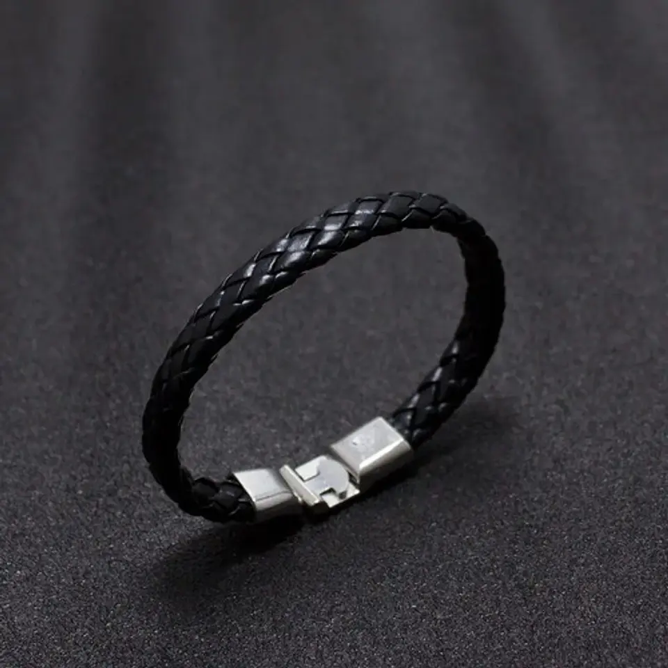 Pulsera Brazalete Manilla Cuero Trenzada Color Negro Hombre 4