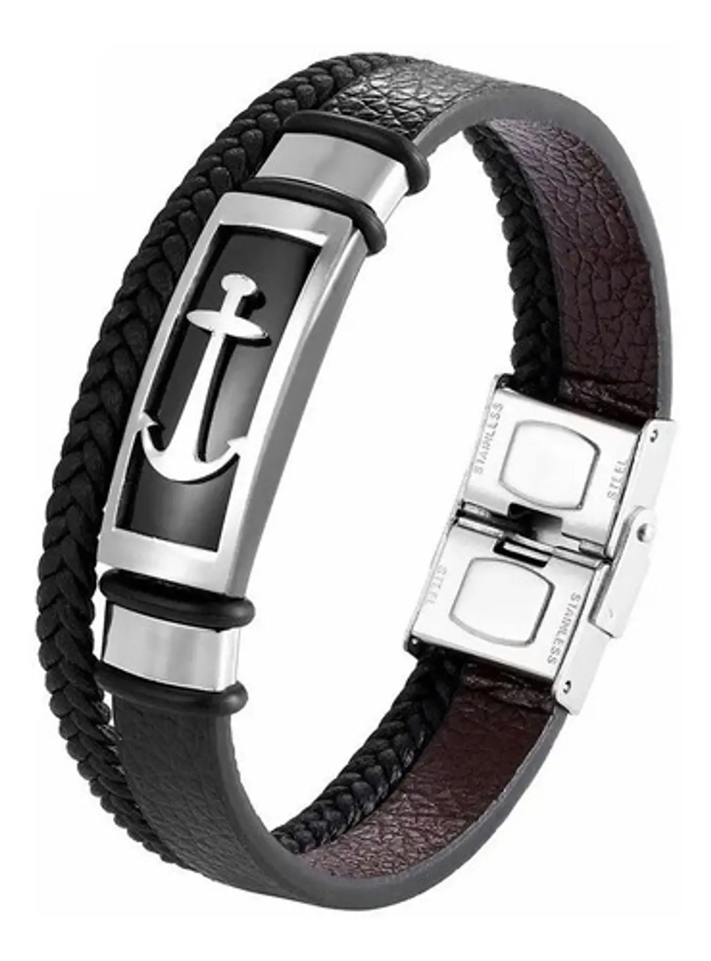 Brazalete Pulsera Cuero Ancla Acero Inoxidable Para Hombre 1
