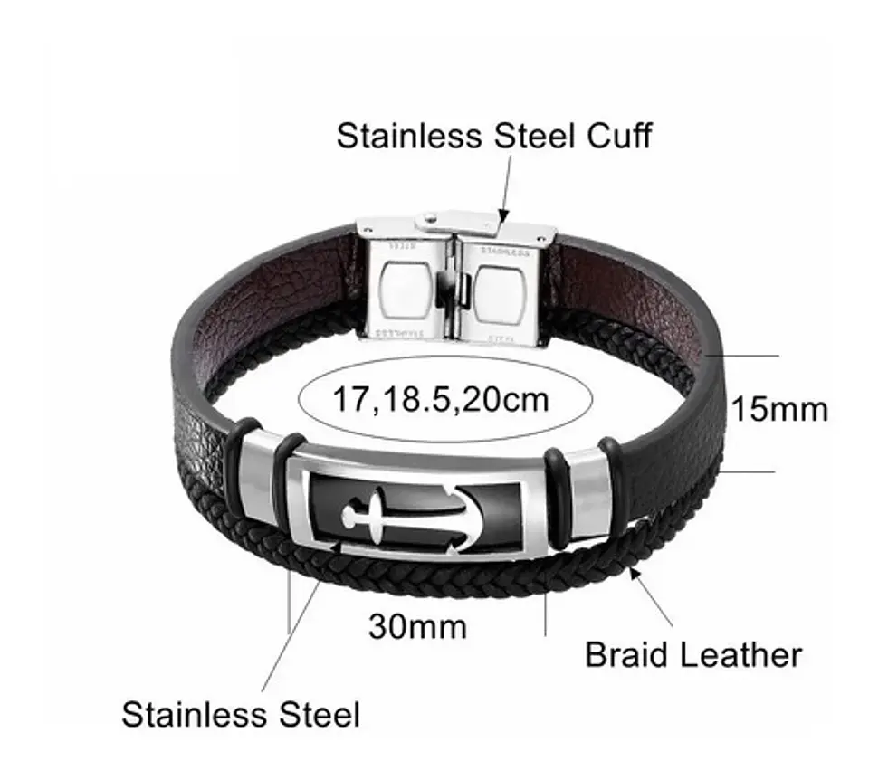 Brazalete Pulsera Cuero Ancla Acero Inoxidable Para Hombre 2