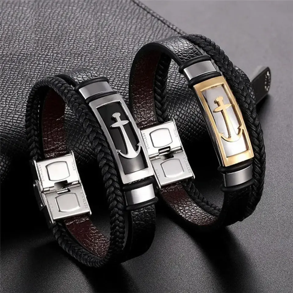Brazalete Pulsera Cuero Ancla Acero Inoxidable Para Hombre 3