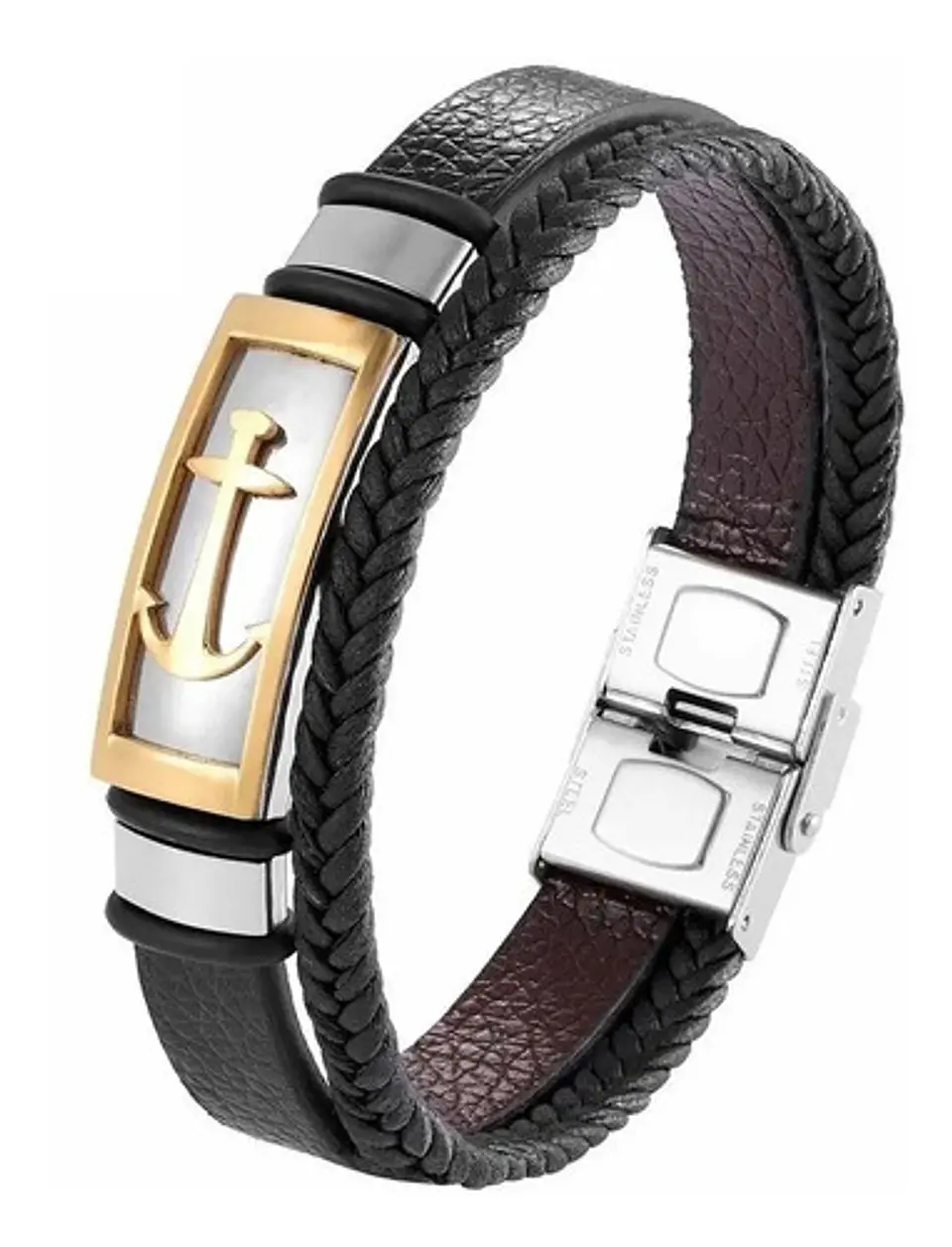 Brazalete Pulsera Cuero Ancla Acero Inoxidable Para Hombre 4