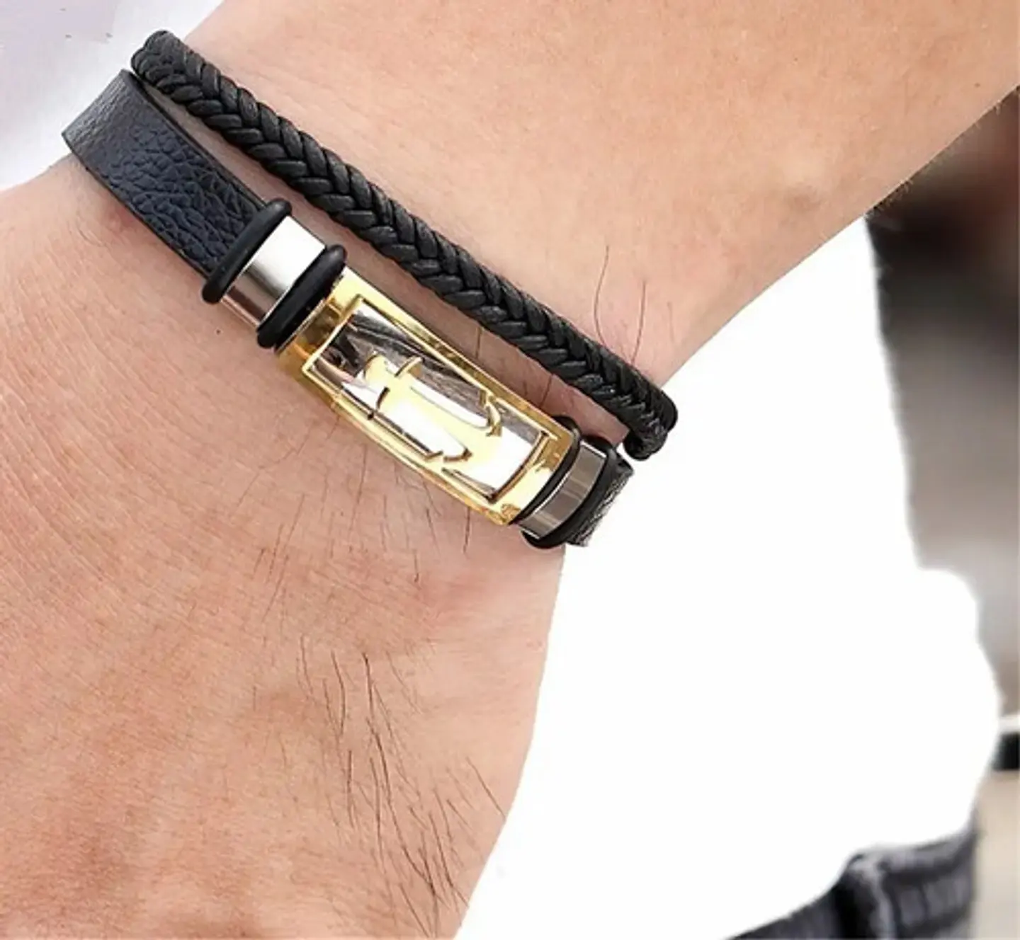 Brazalete Pulsera Cuero Ancla Acero Inoxidable Para Hombre 5