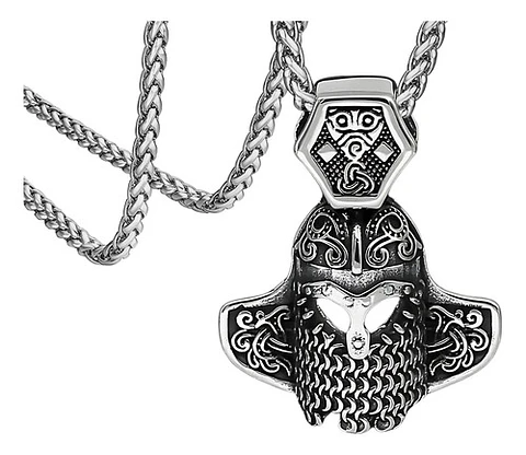 Collar Amuleto Casco Vikingo Nordic Acero Color Plata Hombre