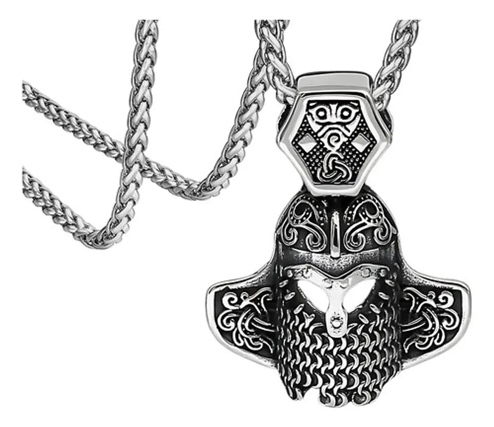 Collar Amuleto Casco Vikingo Nordic Acero Color Plata Hombre 1