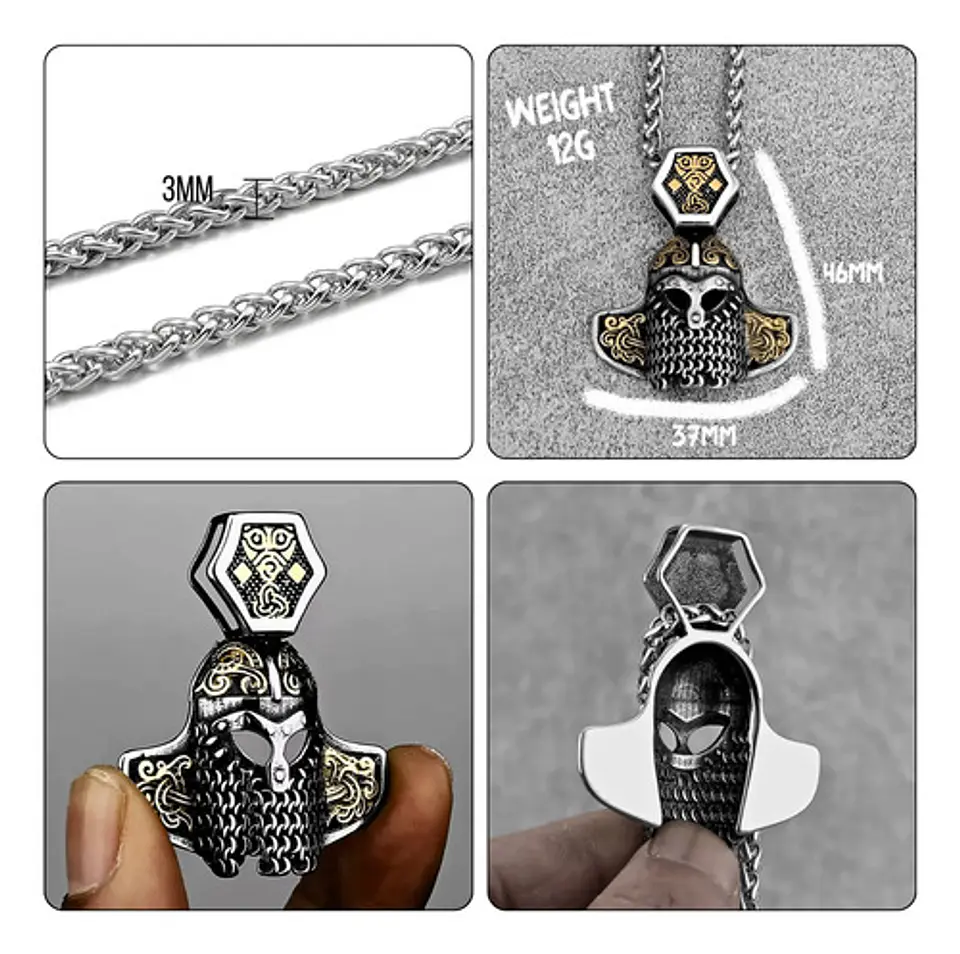 Collar Amuleto Casco Vikingo Nordic Acero Color Plata Hombre 12