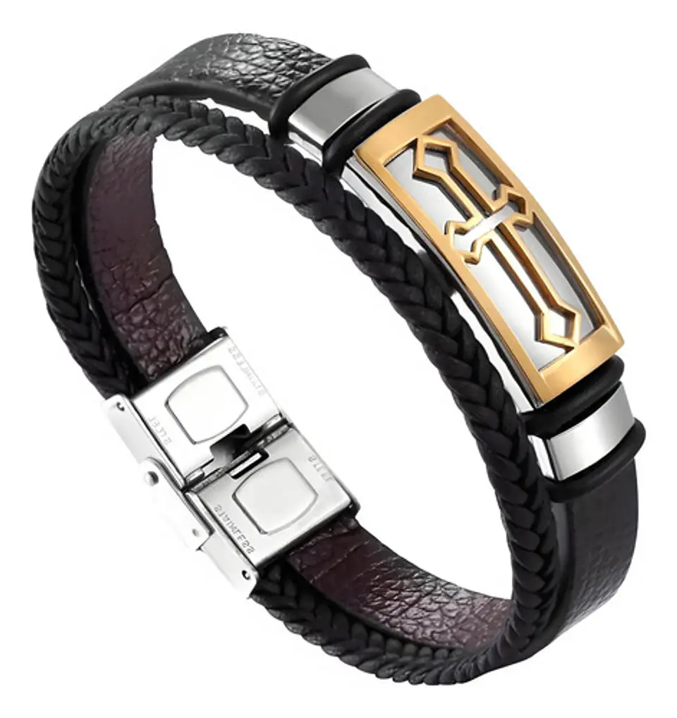 Pulsera Brazalete De Cuero Placa Cruz Acero Color Oro Hombre 1