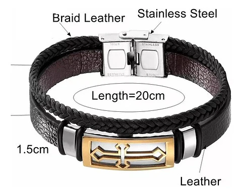 Pulsera Brazalete De Cuero Placa Cruz Acero Color Oro Hombre