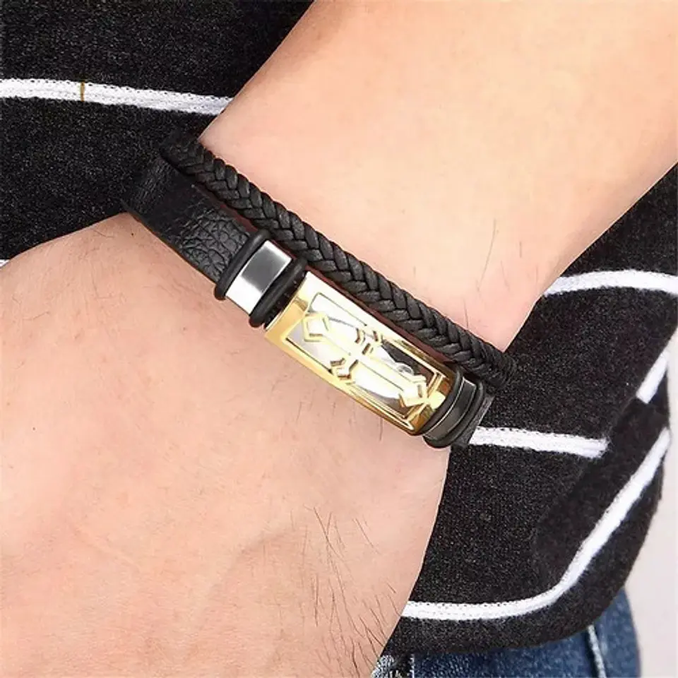 Pulsera Brazalete De Cuero Placa Cruz Acero Color Oro Hombre 5