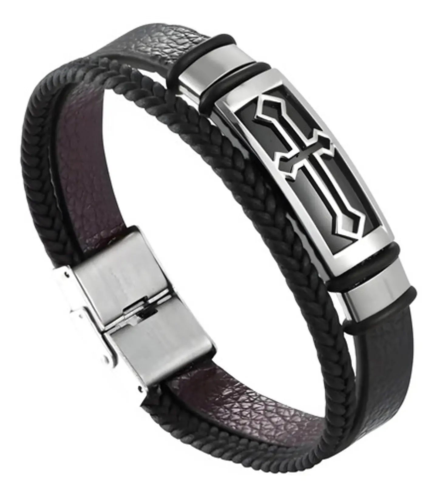 Pulsera Brazalete De Cuero Placa Cruz Acero Color Oro Hombre 7