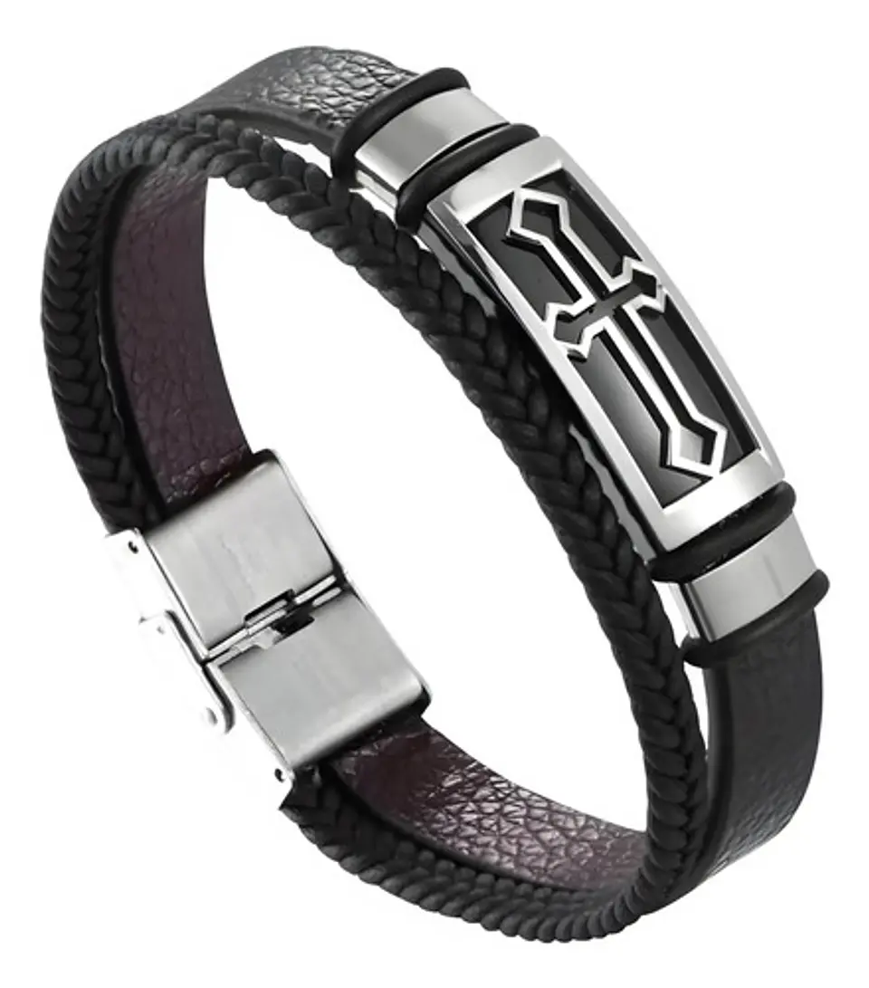 Pulsera Brazalete De Cuero Placa Cruz Acero Color Oro Hombre 7