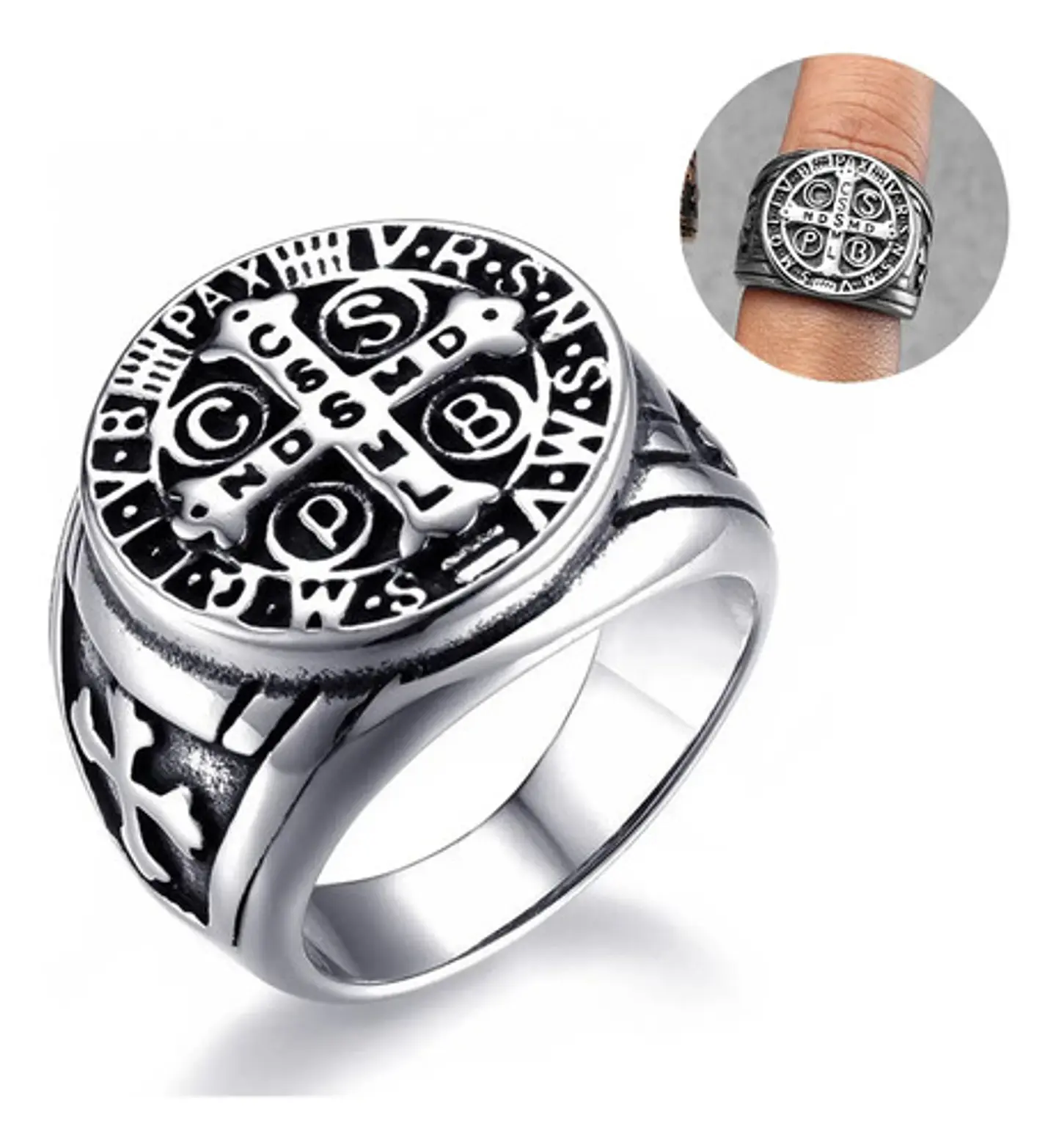 Anillo Sello San Benito Plateado Acero Inoxidable Hombre 1