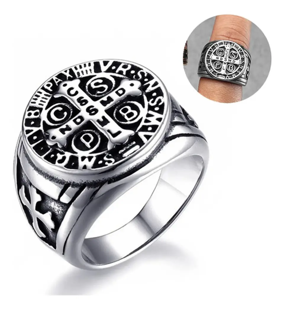 Anillo Sello San Benito Plateado Acero Inoxidable Hombre 1