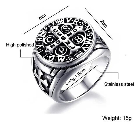 Anillo Sello San Benito Plateado Acero Inoxidable Hombre