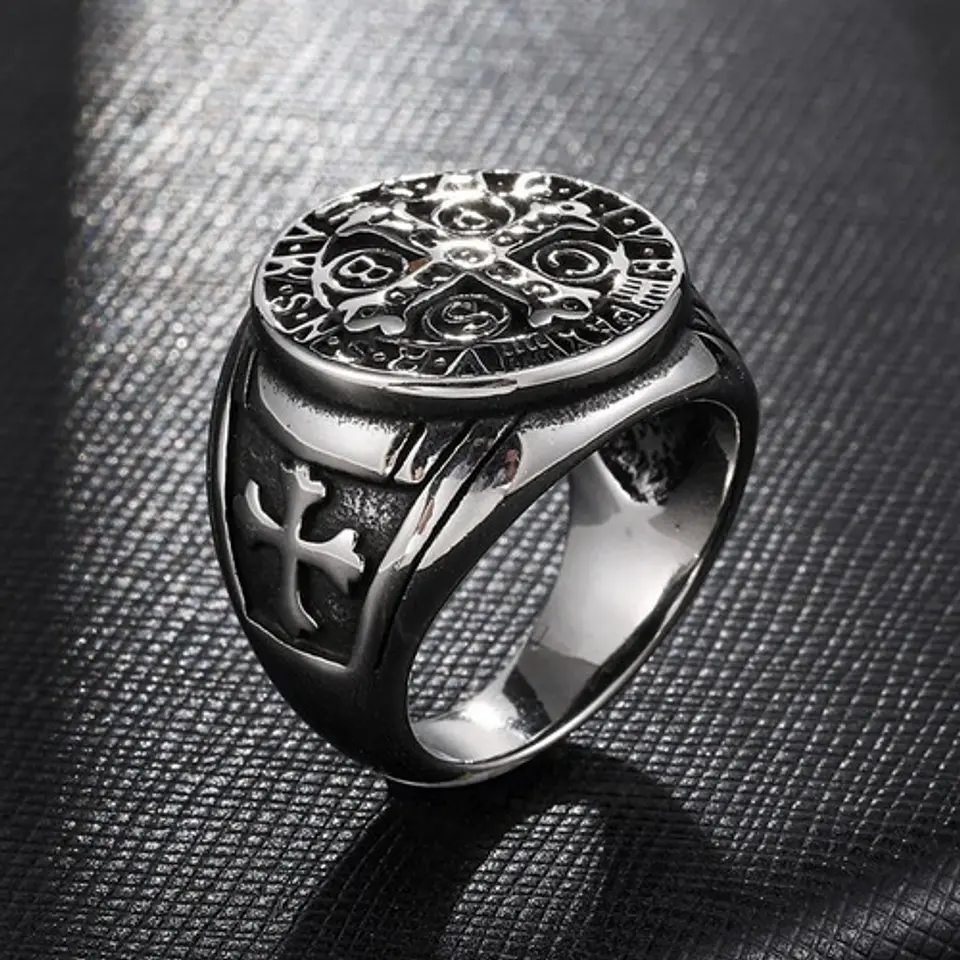 Anillo Sello San Benito Plateado Acero Inoxidable Hombre 6