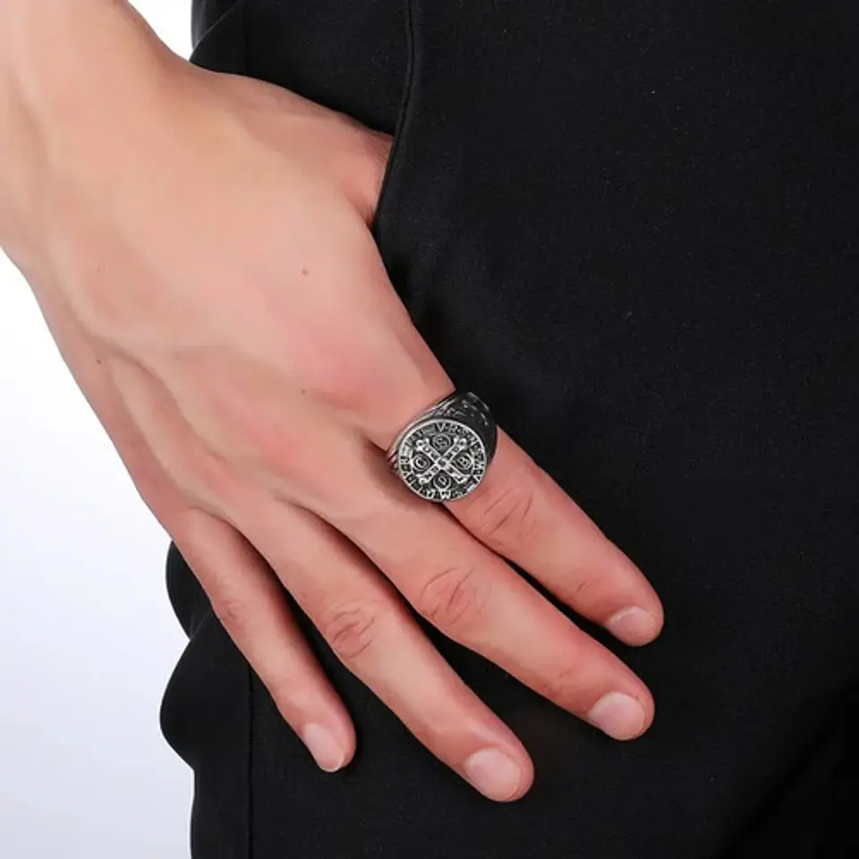 Anillo Sello San Benito Plateado Acero Inoxidable Hombre 7