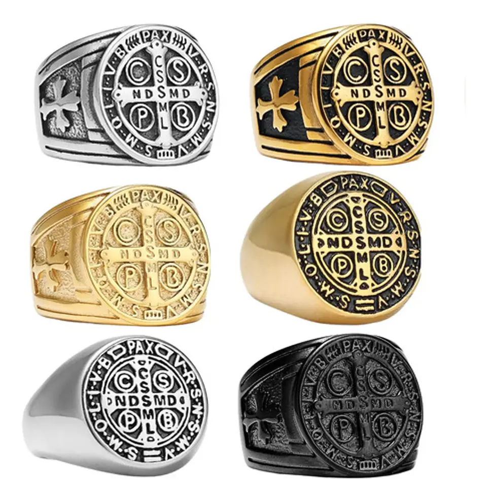 Anillo Sello San Benito Plateado Acero Inoxidable Hombre 9
