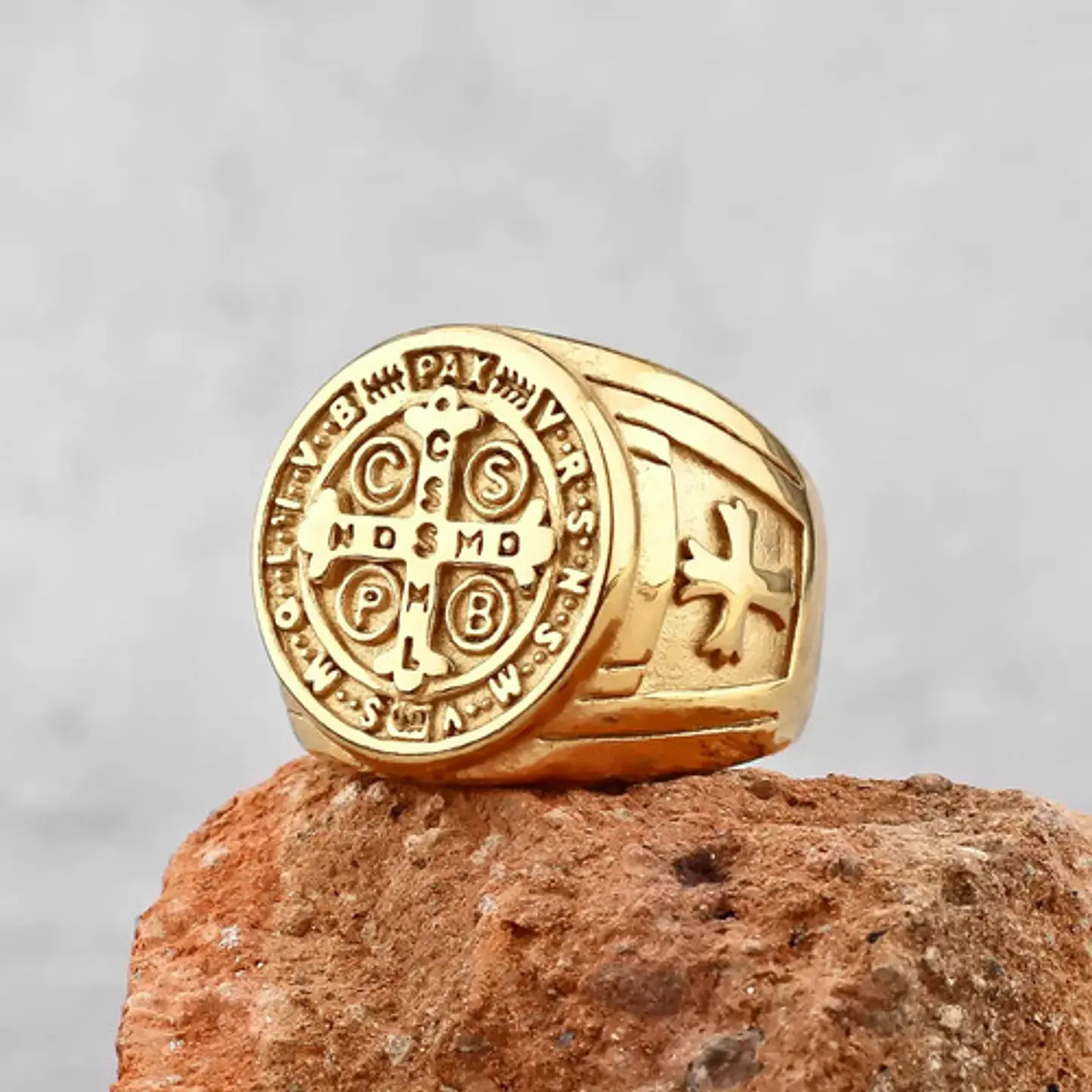 Anillo Sello San Benito Plateado Acero Inoxidable Hombre 13