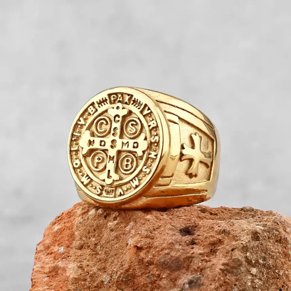 Anillo Sello San Benito Plateado Acero Inoxidable Hombre 13
