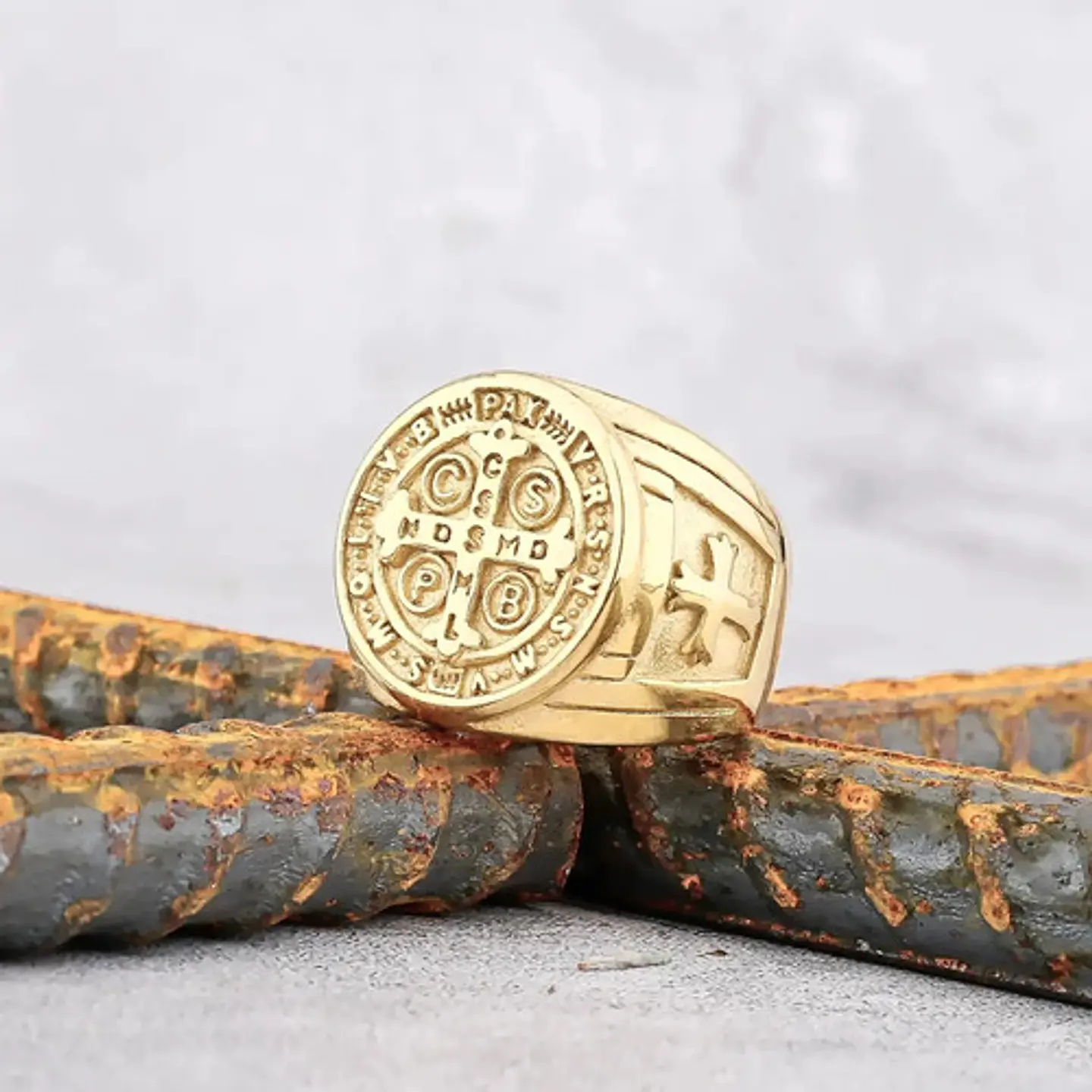Anillo Sello San Benito Plateado Acero Inoxidable Hombre 14