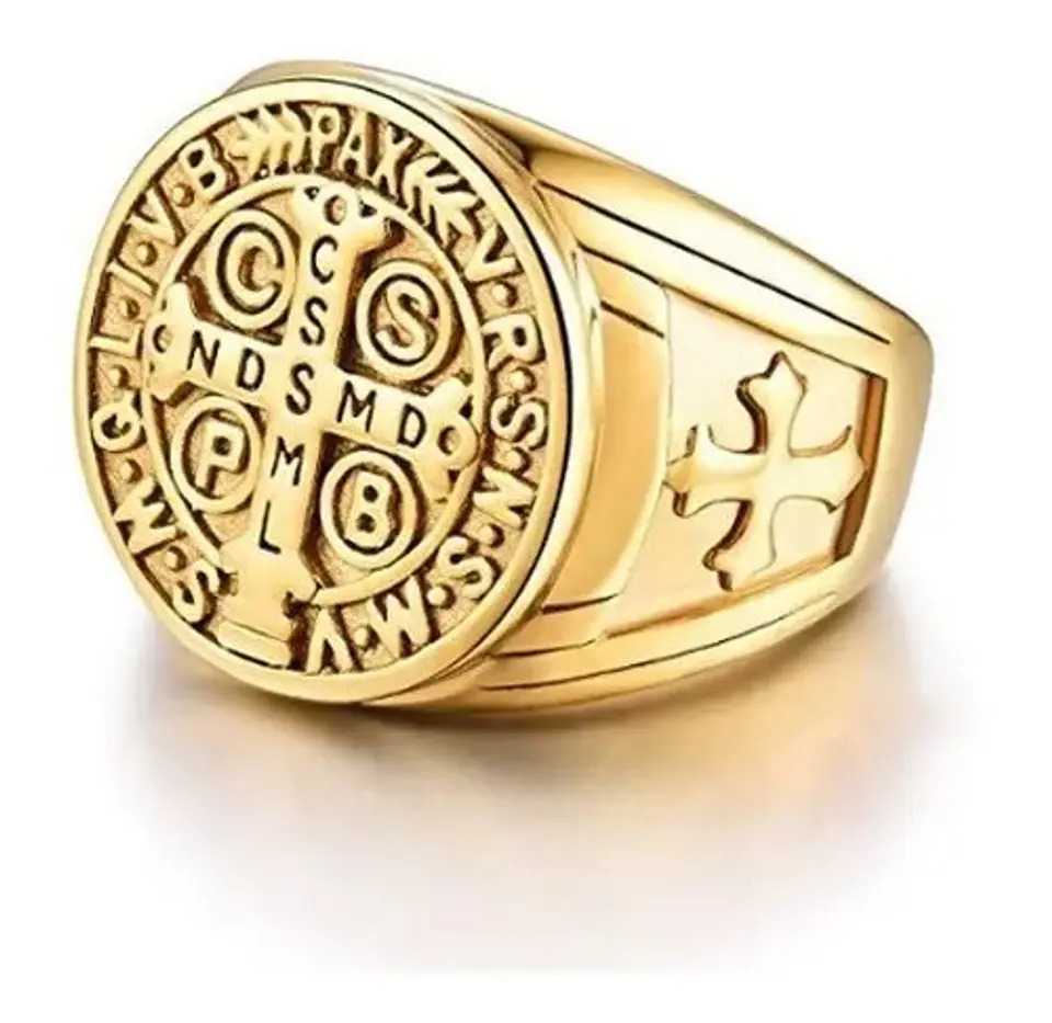 Anillo Sello San Benito Plateado Acero Inoxidable Hombre 15