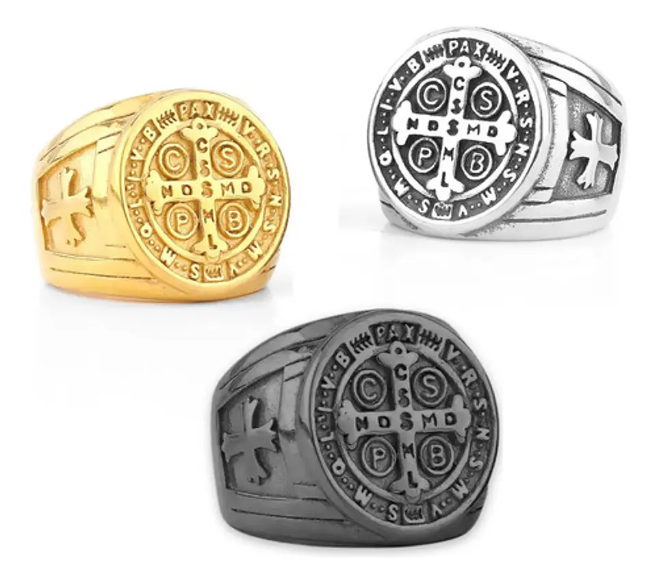 Anillo Sello San Benito Plateado Acero Inoxidable Hombre 19