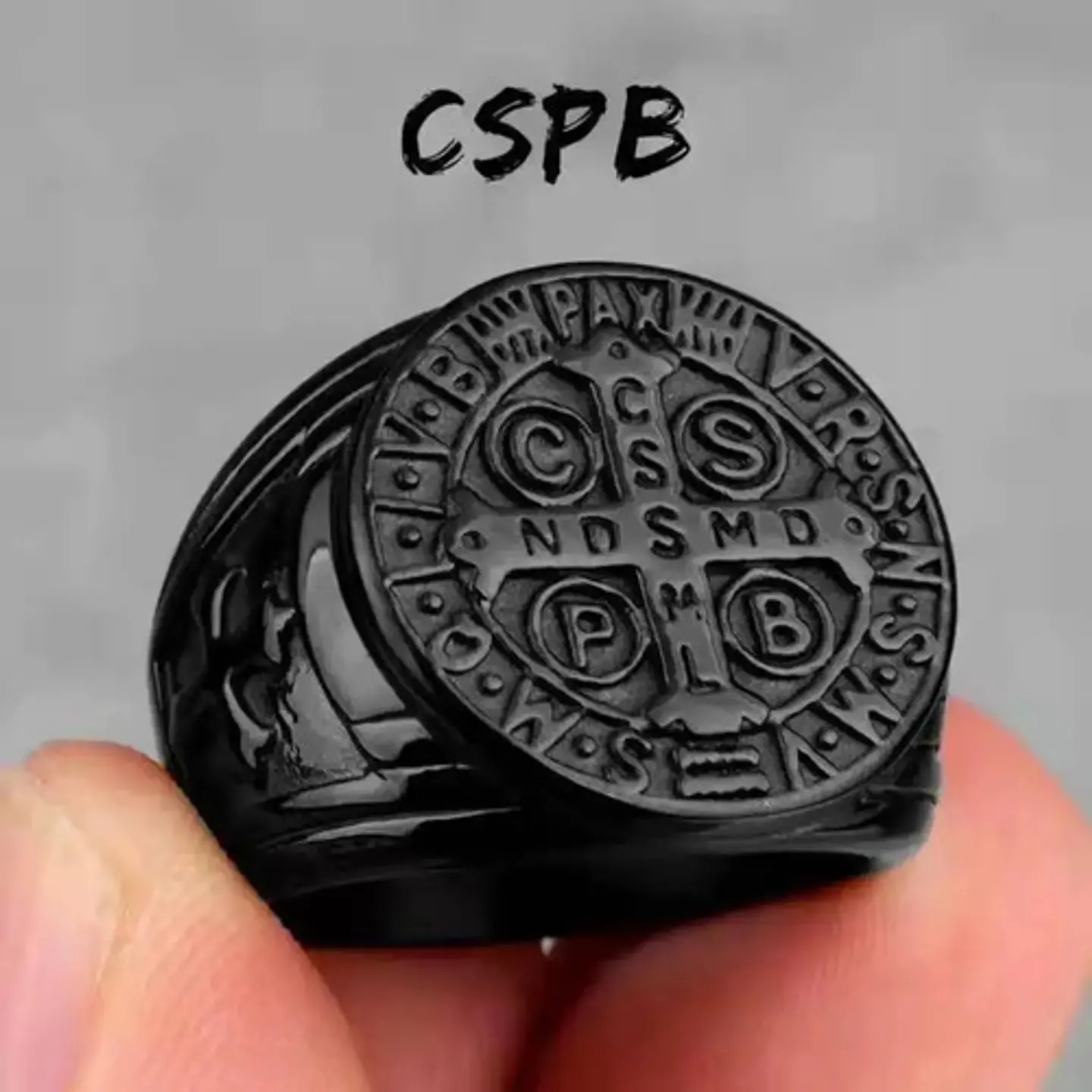 Anillo Sello San Benito Plateado Acero Inoxidable Hombre 23