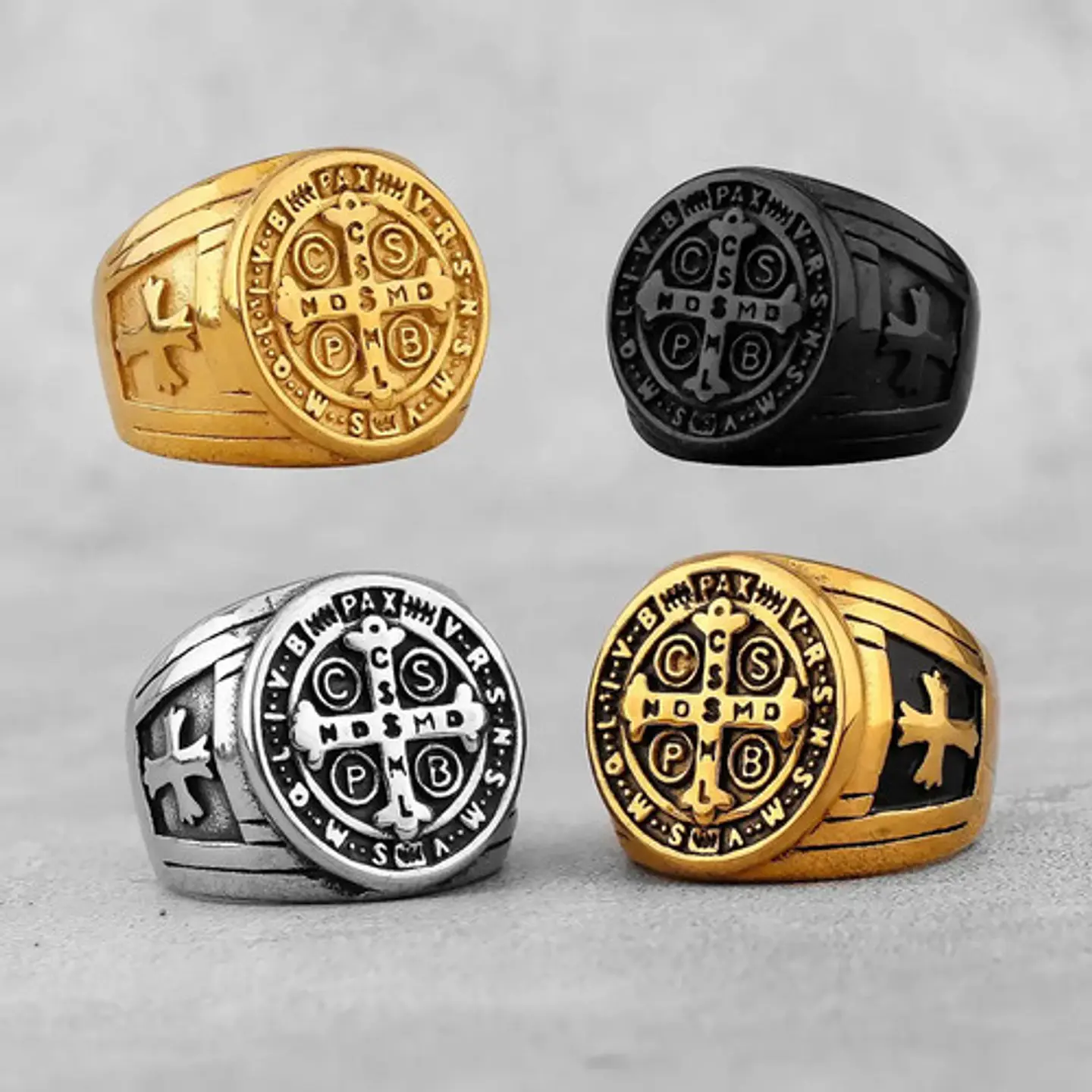 Anillo Sello San Benito Plateado Acero Inoxidable Hombre 26