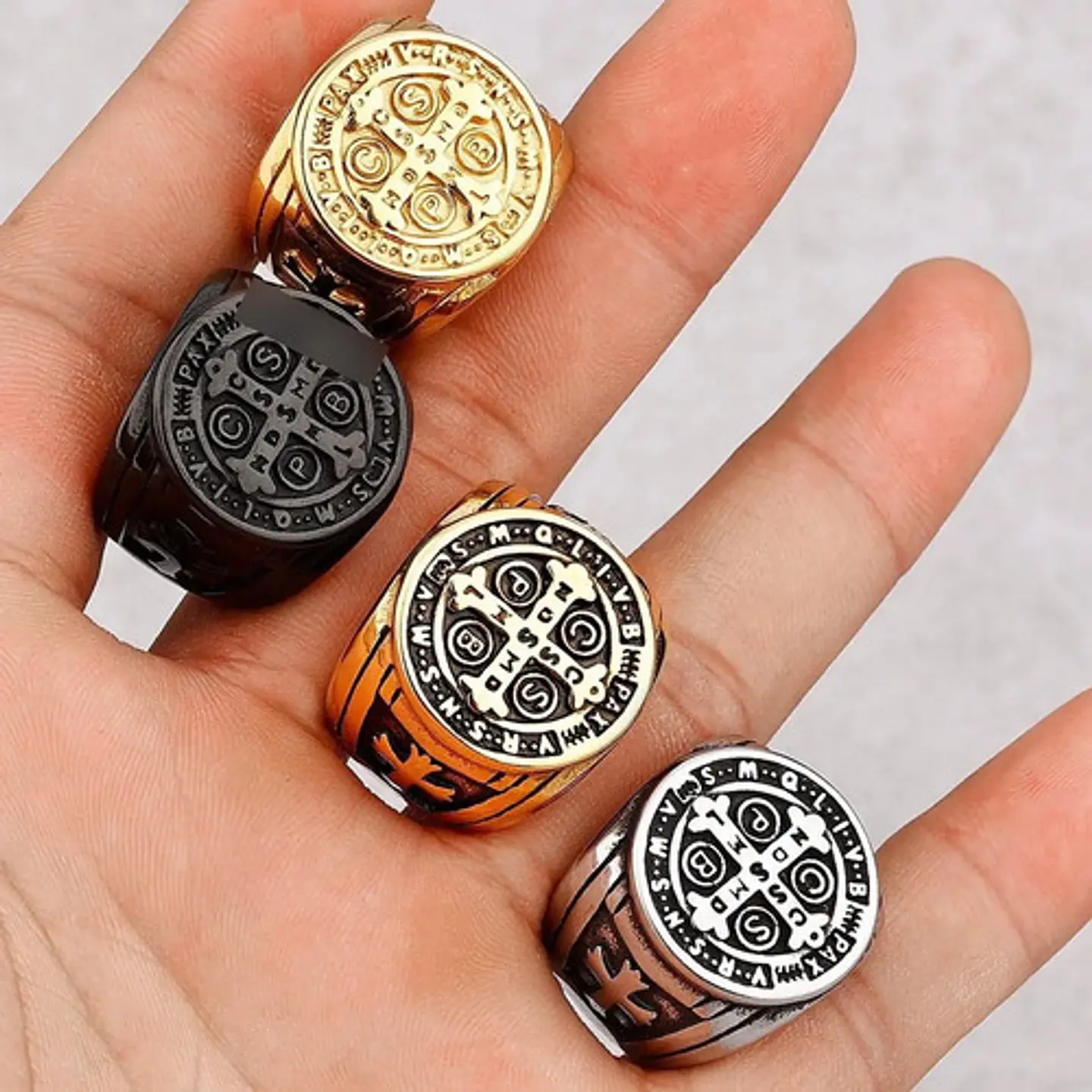 Anillo Sello San Benito Plateado Acero Inoxidable Hombre 29