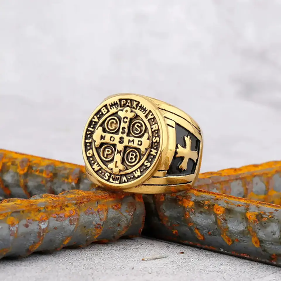 Anillo Sello San Benito Plateado Acero Inoxidable Hombre 32