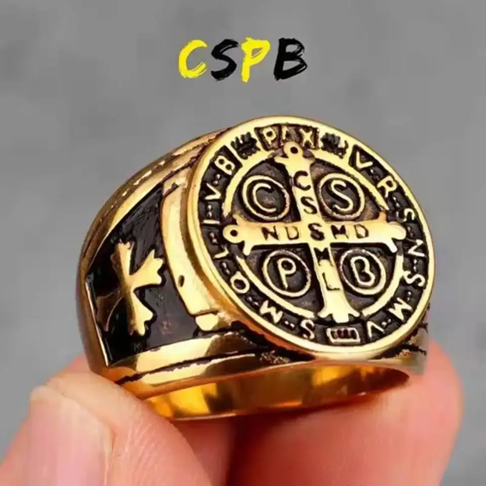 Anillo Sello San Benito Plateado Acero Inoxidable Hombre 33