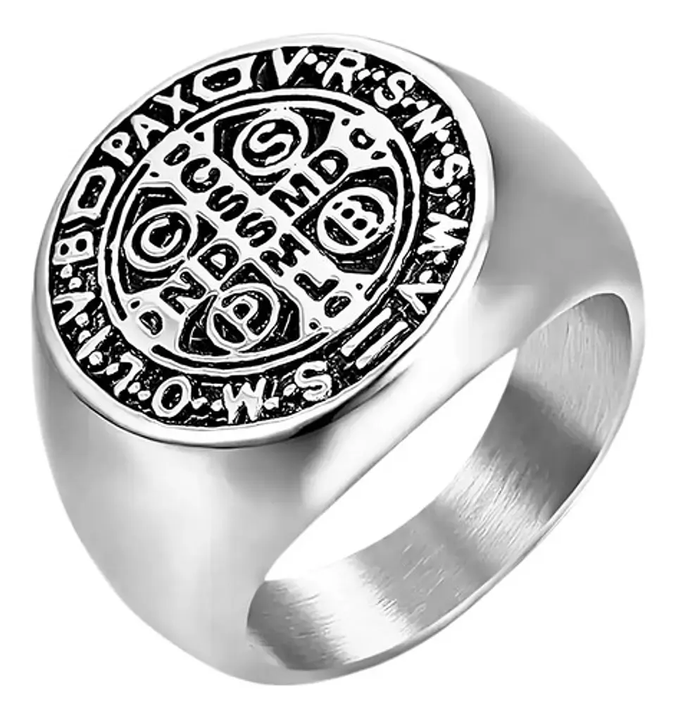 Anillo Sello San Benito Plateado Acero Inoxidable Hombre 37