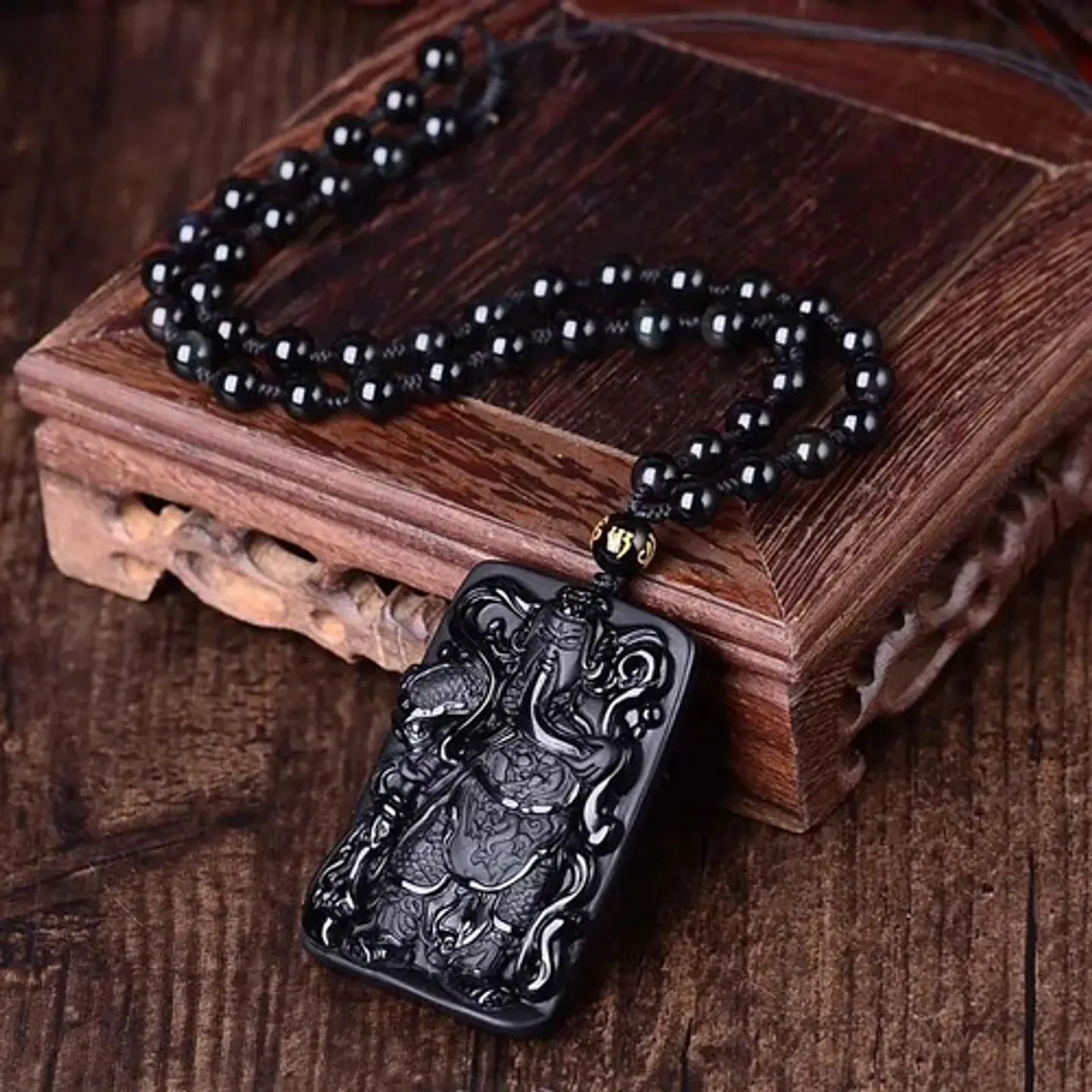 Collar Obsidiana Amuleto Suerte Guan Gong Para Hombre Mujer 7