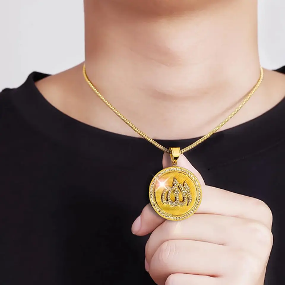 Collar Para Hombre Dije Musulmán Islam Piedras Cz Color Oro 4