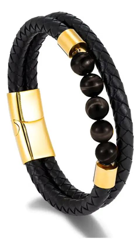Pulsera Brazalete Manilla Acero Cuero Piedras Chacras Hombre