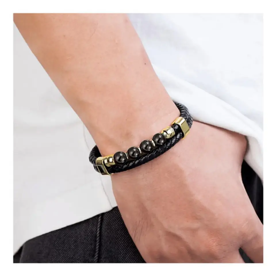 Pulsera Brazalete Manilla Acero Cuero Piedras Chacras Hombre 2