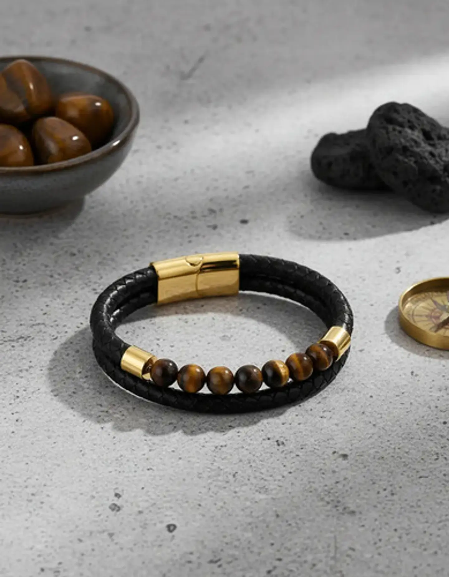 Pulsera Brazalete Manilla Acero Cuero Piedras Chacras Hombre 11