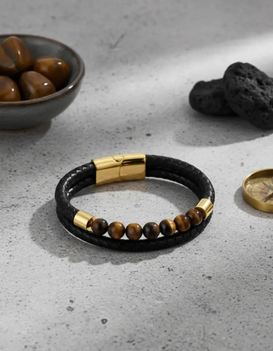 Pulsera Brazalete Manilla Acero Cuero Piedras Chacras Hombre 11