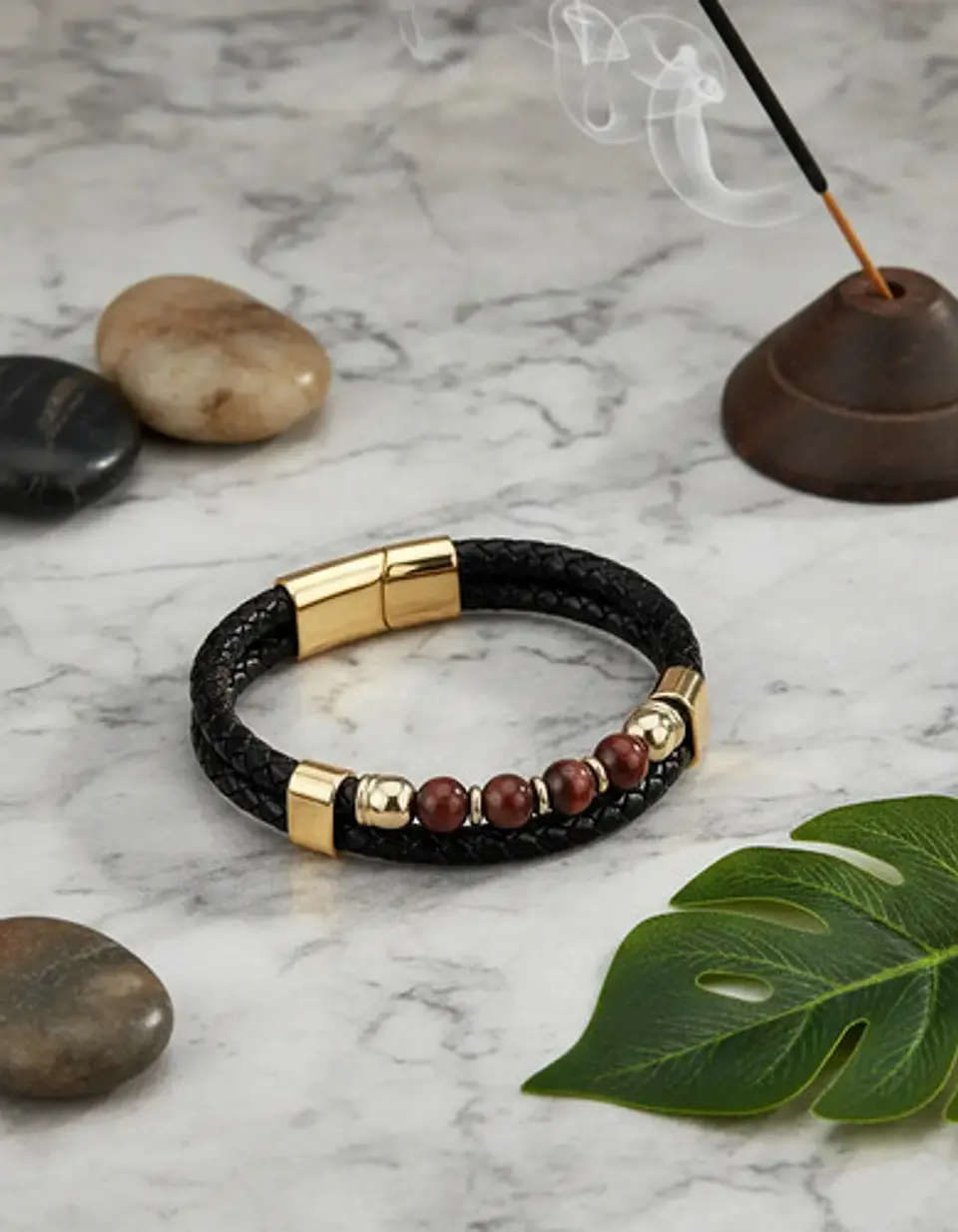 Pulsera Brazalete Manilla Acero Cuero Piedras Chacras Hombre 12