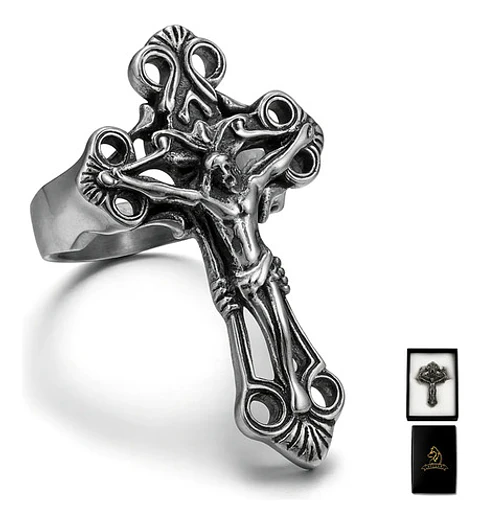 Anillo Color Plata Cruz Jesús Acero Inoxidable Hombre Mujer