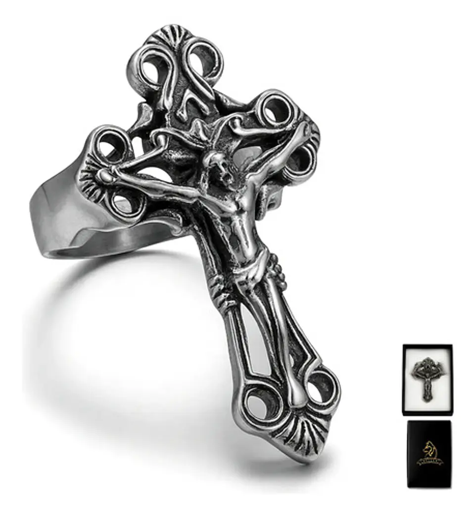 Anillo Color Plata Cruz Jesús Acero Inoxidable Hombre Mujer 1