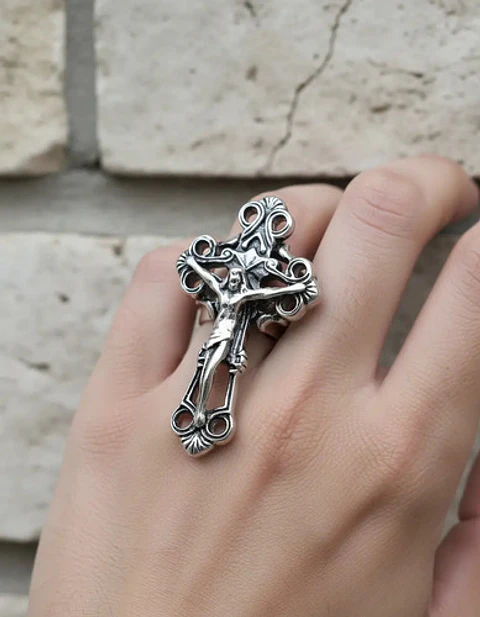 Anillo Color Plata Cruz Jesús Acero Inoxidable Hombre Mujer
