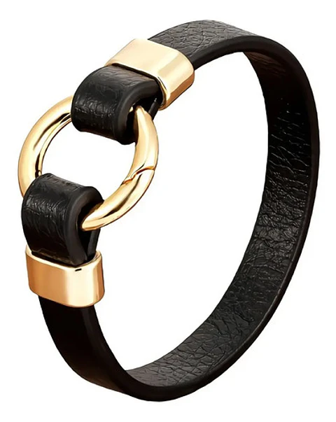 Pulsera Brazalete Manilla Cuero Acero Color Oro Para Hombre