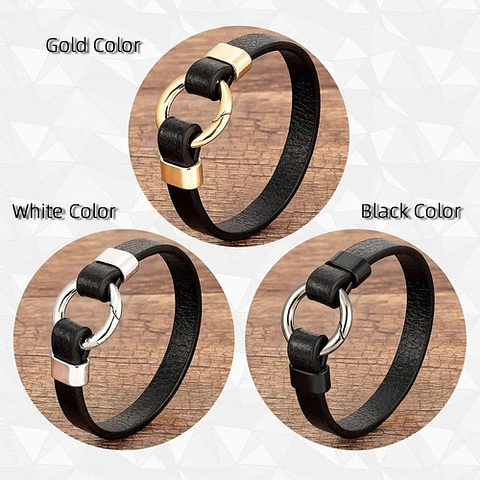 Pulsera Brazalete Manilla Cuero Acero Color Oro Para Hombre