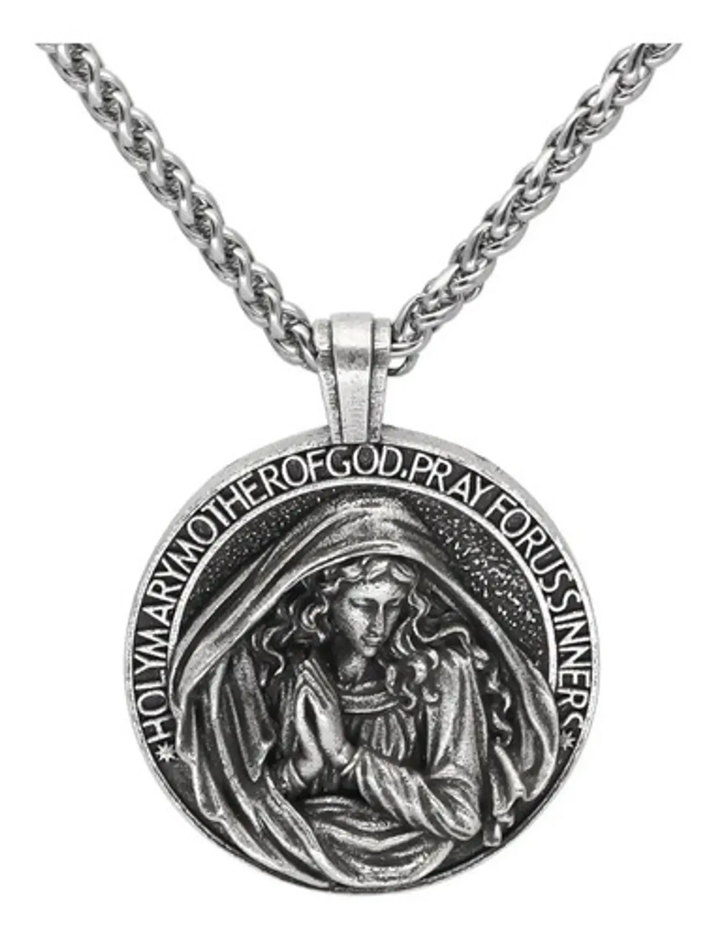 Collar Dije Virgen María Cadena Color Plata Antigua Hombre 1
