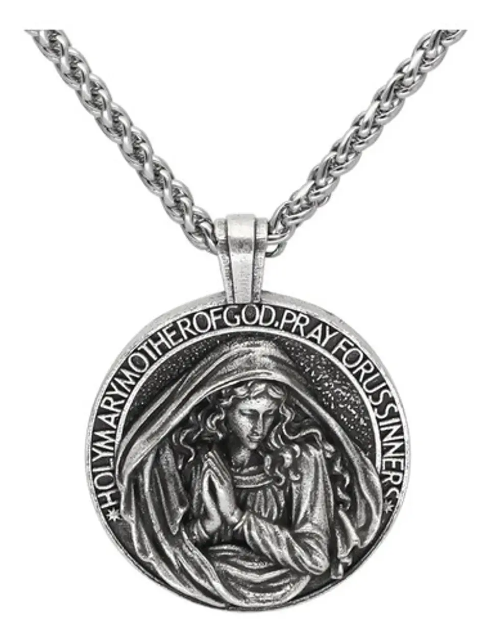 Collar Dije Virgen María Cadena Color Plata Antigua Hombre 1