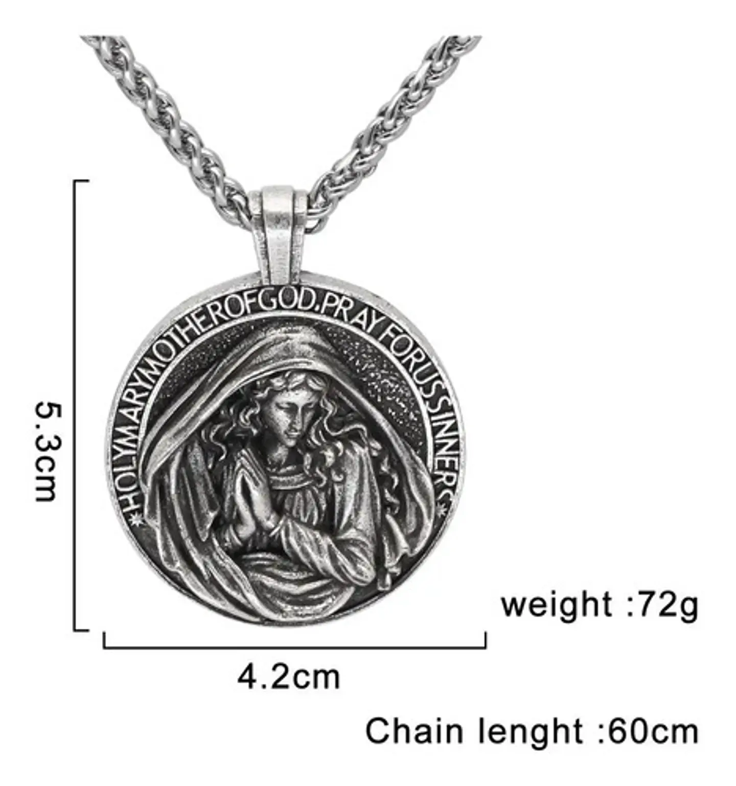 Collar Dije Virgen María Cadena Color Plata Antigua Hombre 2