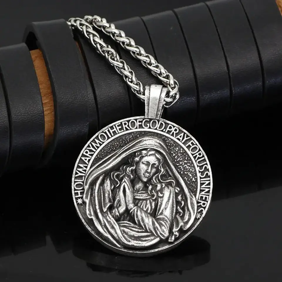 Collar Dije Virgen María Cadena Color Plata Antigua Hombre 5