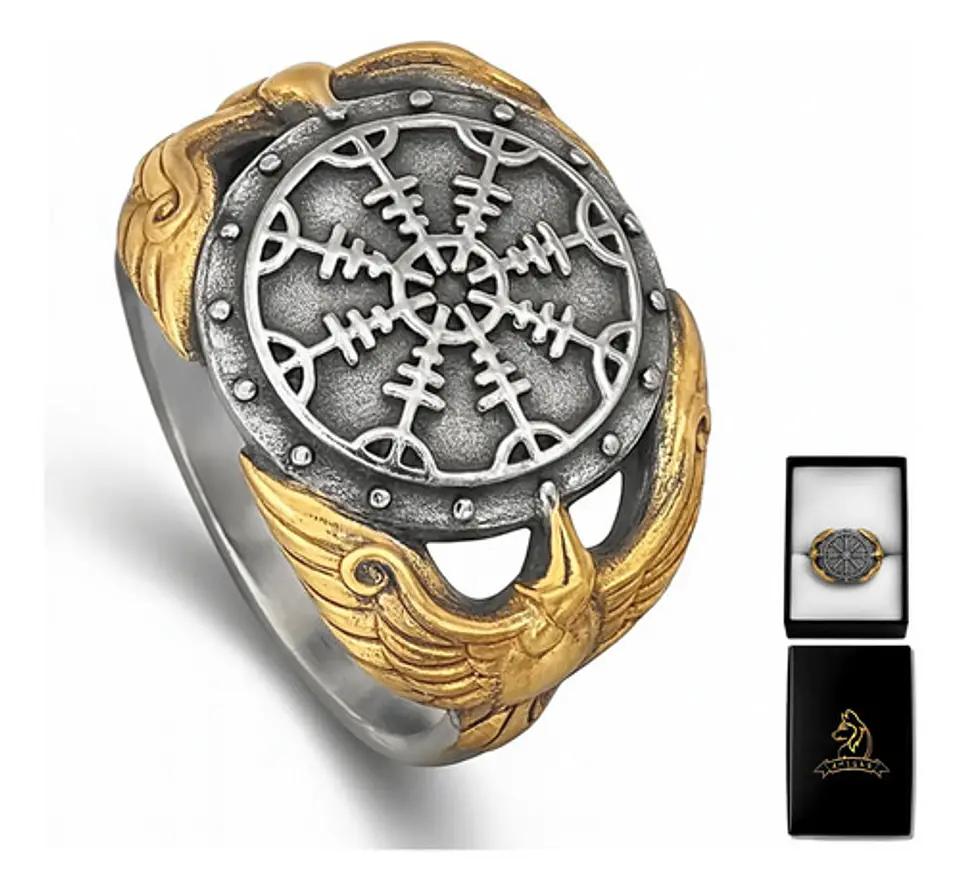 Anillo Acero Color Plata Vikingo Brujula Cuervos Odin Hombre 1