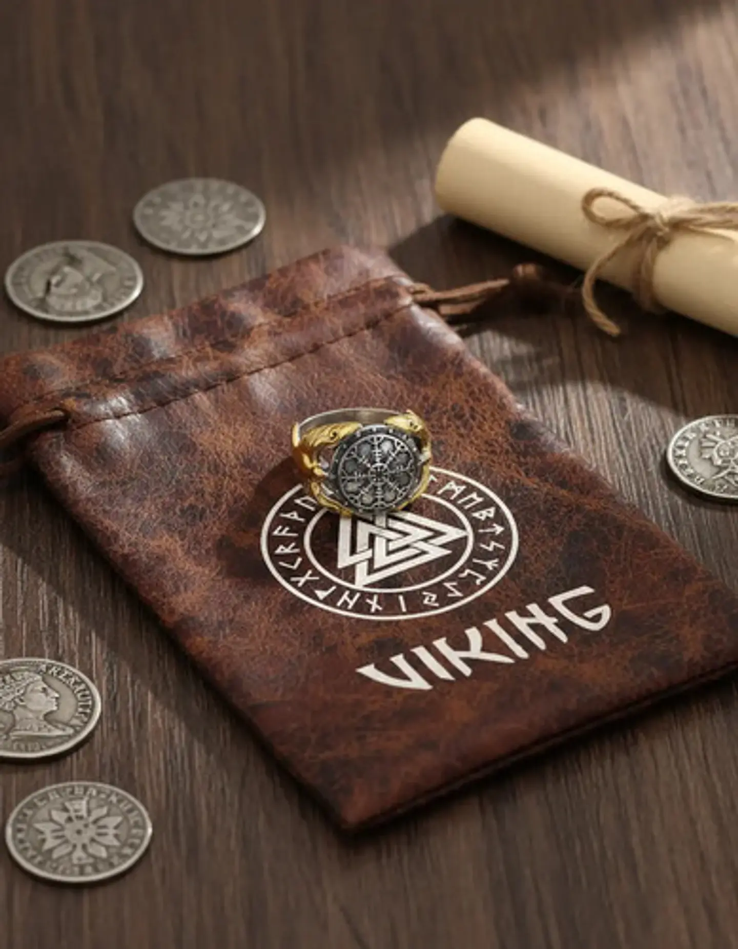 Anillo Acero Color Plata Vikingo Brujula Cuervos Odin Hombre 4